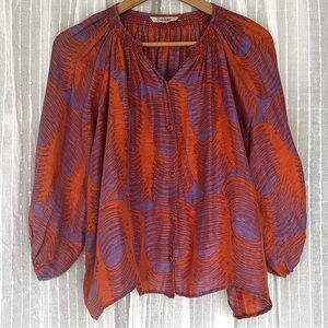 Tucker Silk Linen Blend Blouse Orange Purple Print Relaxed Fit Size Se